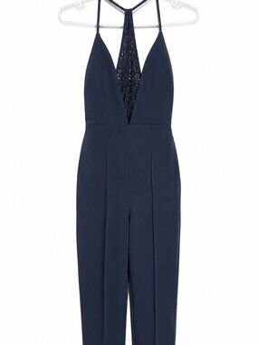 Rare London Navy Plunge Lace Halter Jumpsuit XS Open Back Cocktail